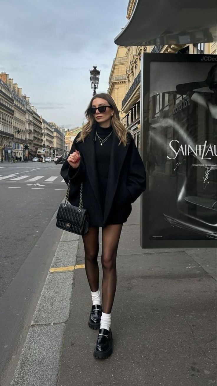 Black Oversized Coat with Turtleneck Mini Dress — Classy Street Style Outfits