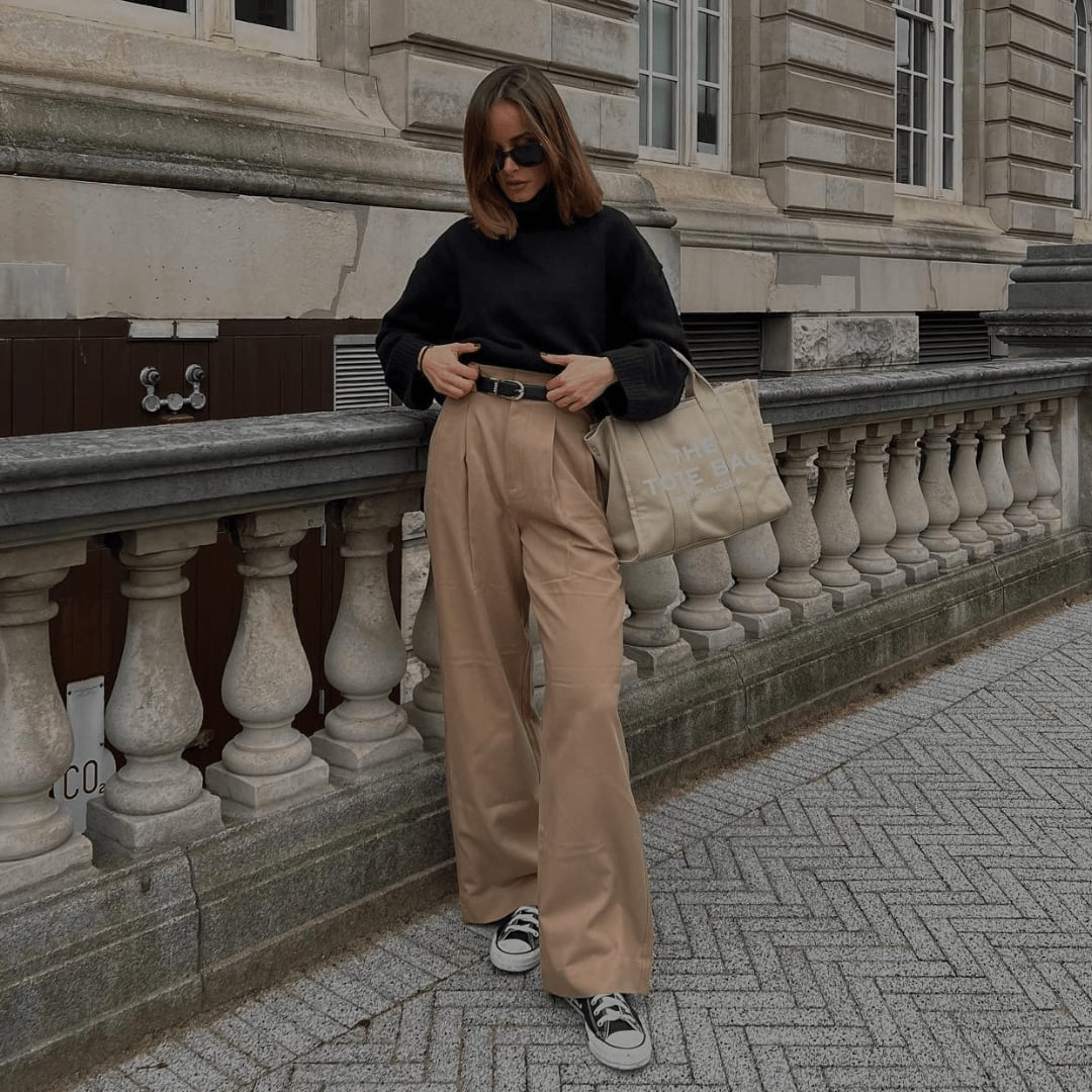 Black Turtleneck with Beige Wide-Leg Trousers — Classy Street Style Outfits