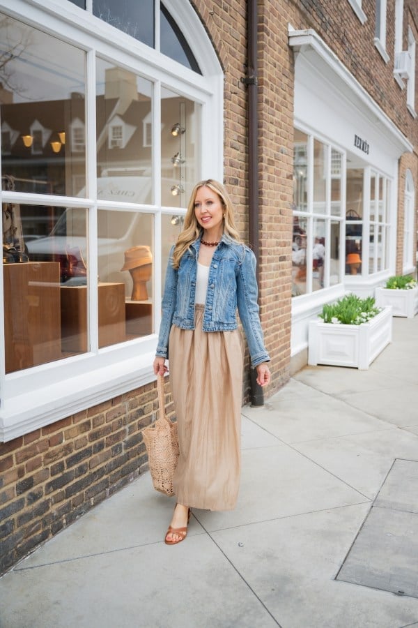 Denim Jacket with White Tank and Beige Maxi Skirt — Classy Street Style Outfits