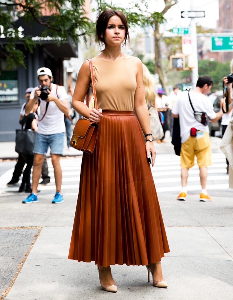 Tan Top with Rust Orange Pleated Faux Leather Skirt — Classy Street Style Outfits