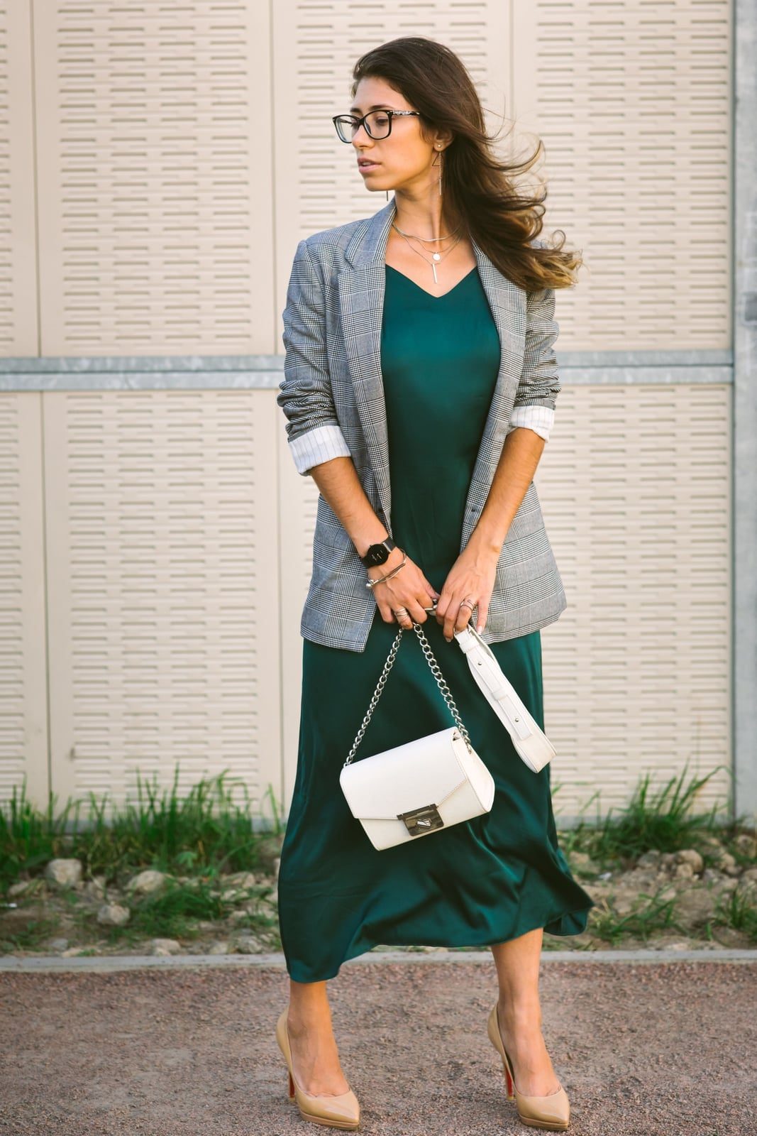Grey Plaid Blazer Over Green Silk Slip Dress — Classy Street Style Outfits