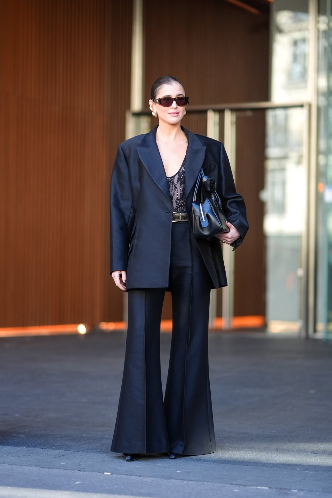 Black Oversized Blazer with Lace Bodysuit and Wide-Leg Trousers — Classy Street Style Outfits
