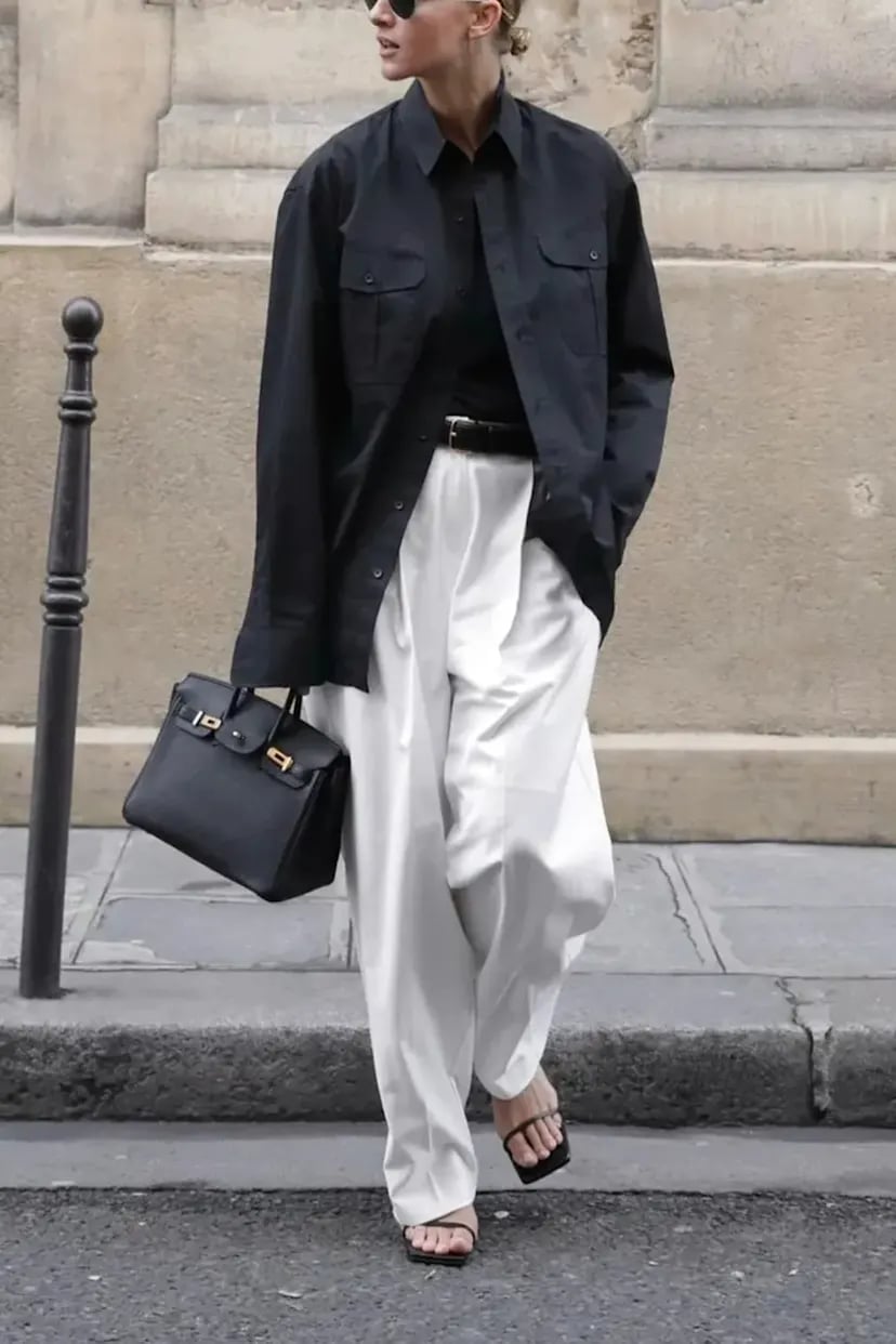 Black Utility Shirt with White Satin Trousers — Classy Street Style Outfits