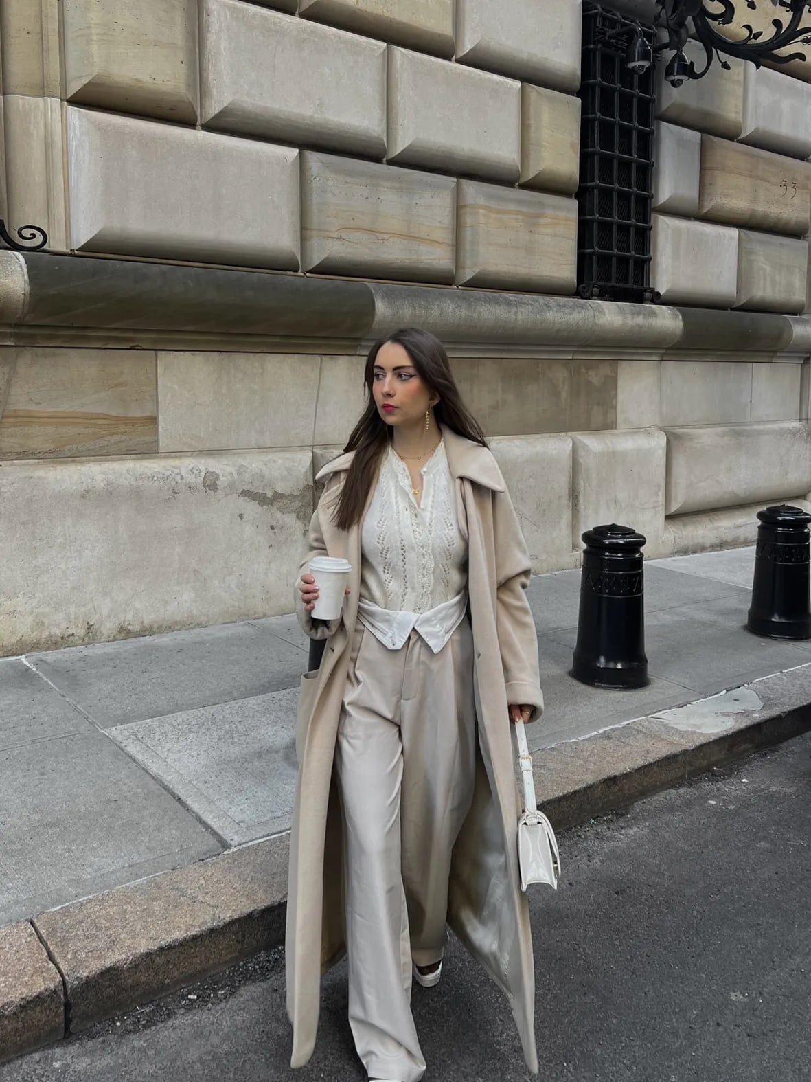 Cream Longline Coat with Lace Top and Waistcoat — Classy Street Style Outfits