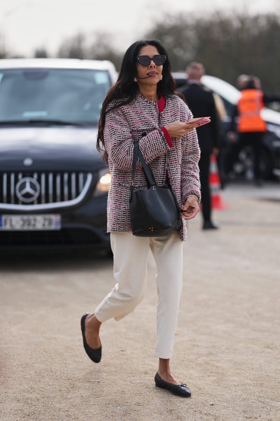 Pink Tweed Jacket with Red Top and Straight-Leg Trousers — Classy Street Style Outfits