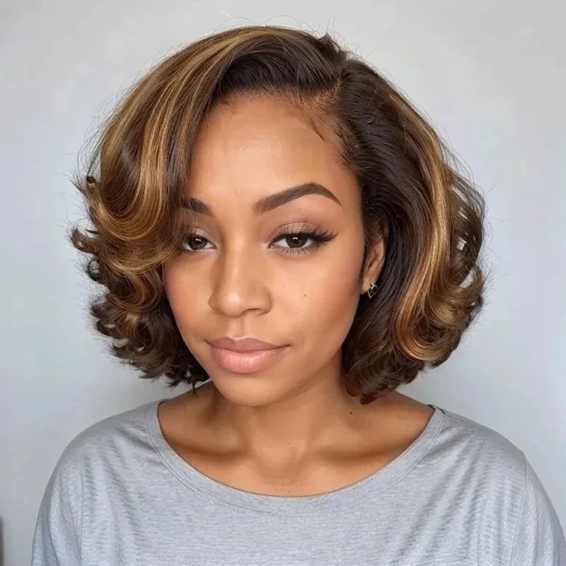 Dark Brown Bob With Caramel Highlights — Classy Styling Wig