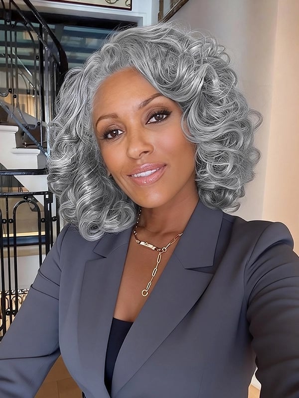 Salt and Pepper Collarbone Lob Curls — Classy Styling Wig