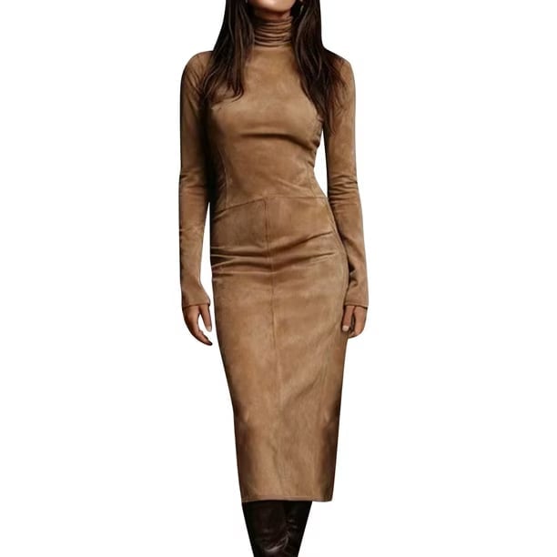 Camel Brown Suede Turtleneck Midi Dress With Dark Boots Camel Brown Suede Turtleneck Midi Dress With Dark Boots — Classy Suede Dress