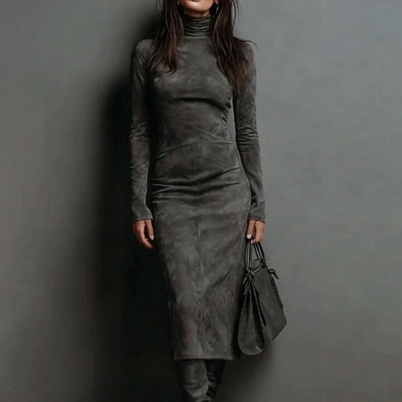 Grey Suede Turtleneck Midi Dress With Boots Grey Suede Turtleneck Midi Dress With Boots — Classy Suede Dress