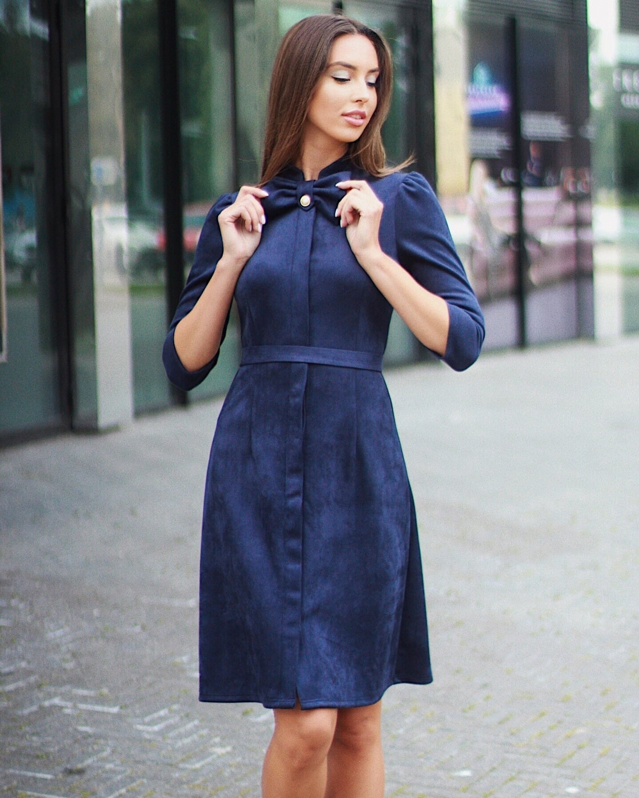 Navy Blue Suede Midi Dress With Bow Detail Navy Blue Suede Midi Dress With Bow Detail — Classy Suede Dress