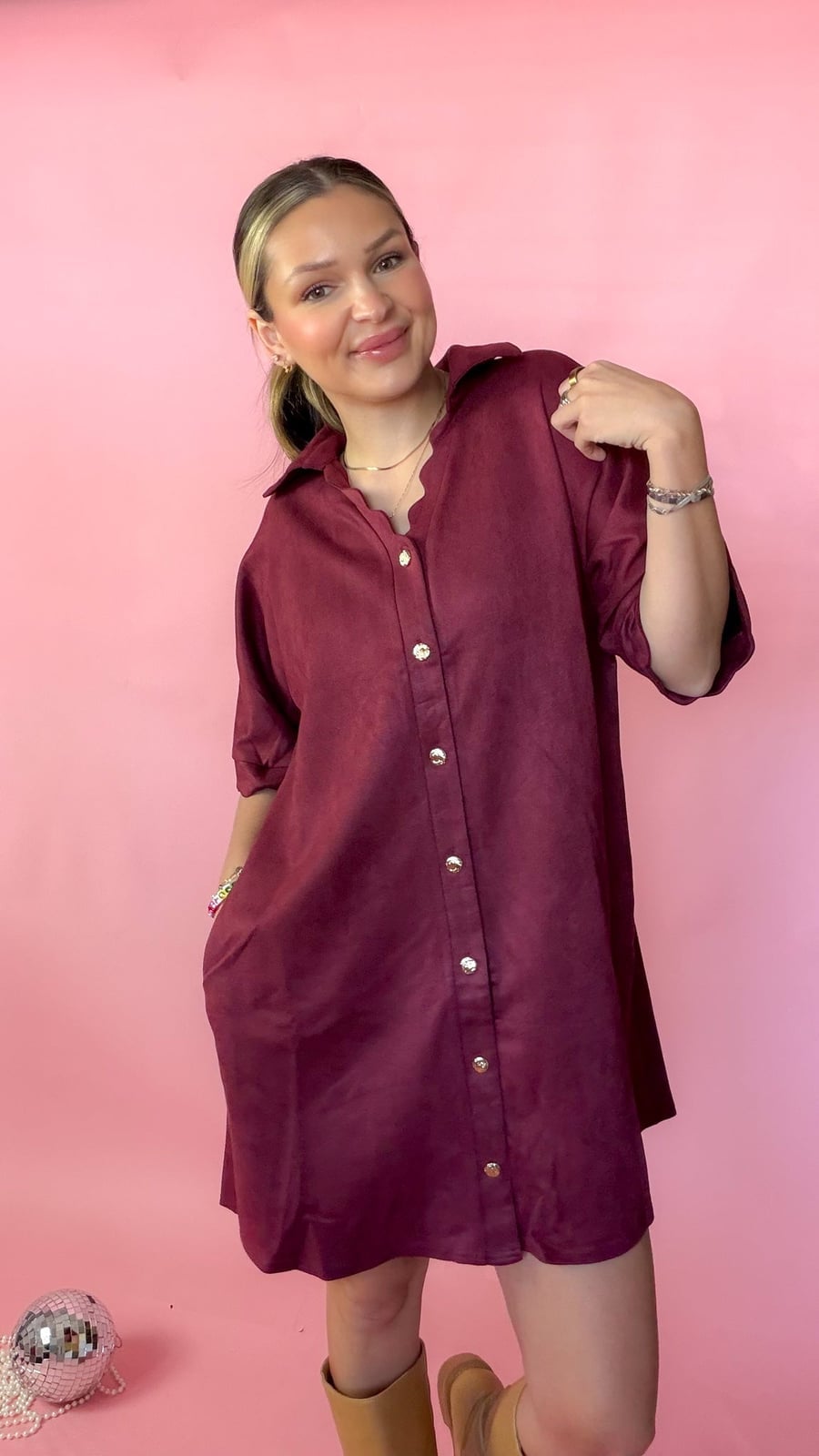 Burgundy Suede Button-Up Shirt Dress With Tan Boots Burgundy Suede Button-Up Shirt Dress With Tan Boots — Classy Suede Dress
