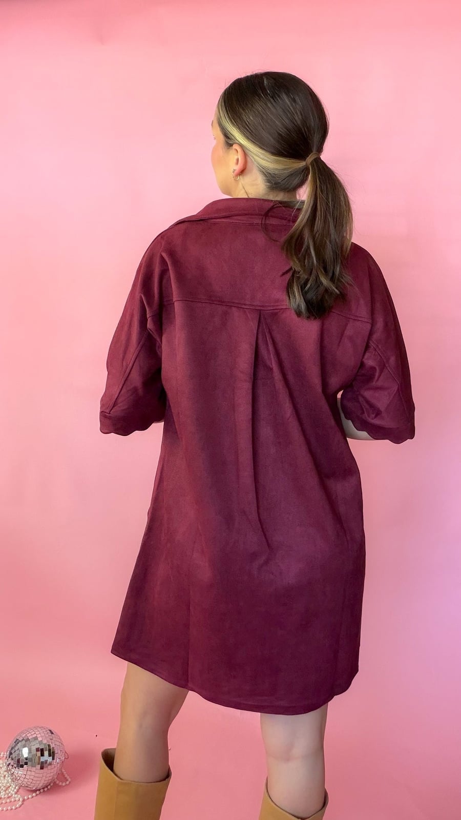 Burgundy Suede Button-Up Dress With Gold Hoops Burgundy Suede Button-Up Dress With Gold Hoops — Classy Suede Dress