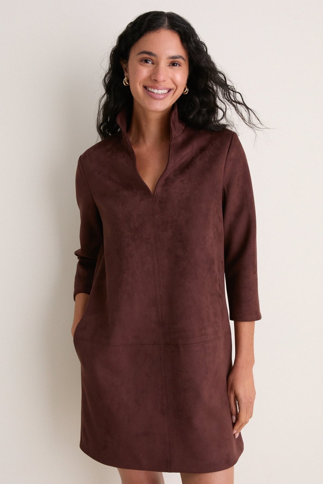 Brown Suede Dress With High Neckline and Pockets Brown Suede Dress With High Neckline and Pockets — Classy Suede Dress