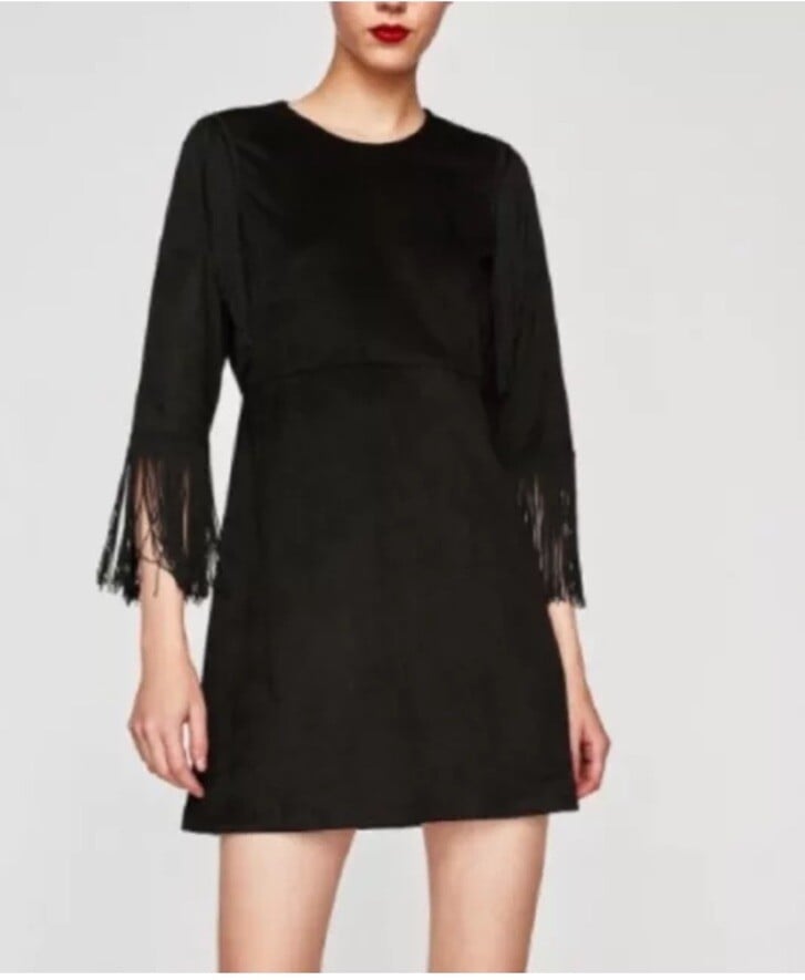 Black Suede-Like A-Line Mini Dress With Tassels Black Suede-Like A-Line Mini Dress With Tassels — Classy Suede Dress