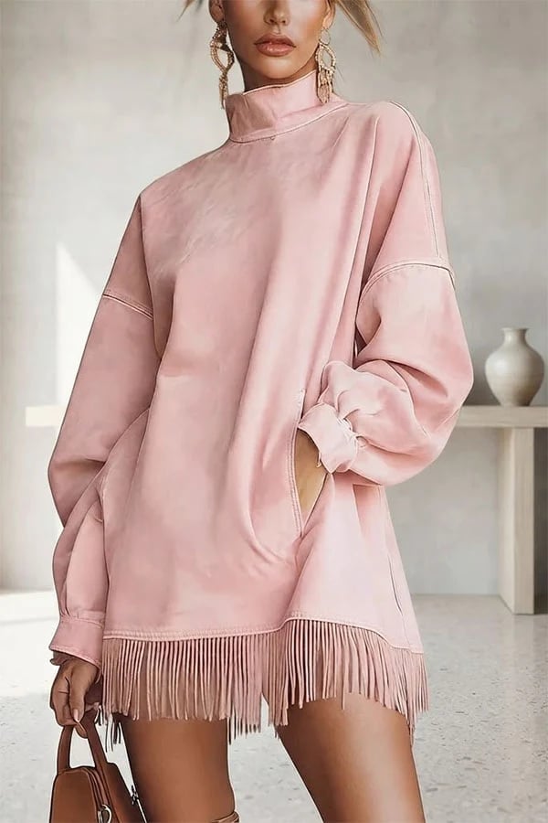 Brown Pleated Midi Slip Dress Over Turtleneck Brown Pleated Midi Slip Dress Over Turtleneck — Classy Suede Dress