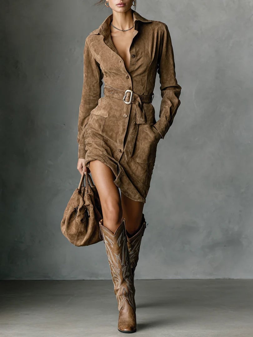 Brown Suede Shirt Dress With Belt and Cowboy Boots Brown Suede Shirt Dress With Belt and Cowboy Boots — Classy Suede Dress