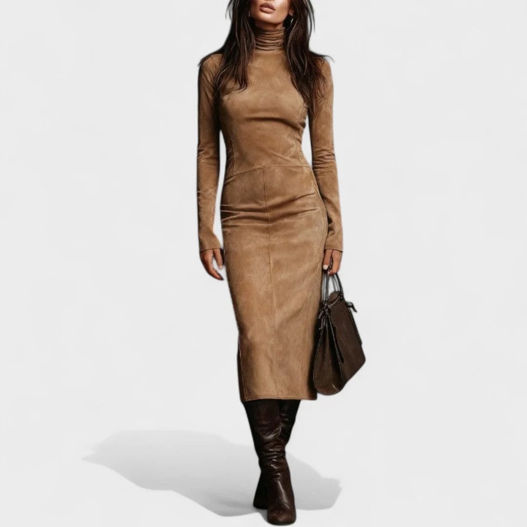 Fitted Brown Suede Turtleneck Midi Dress Fitted Brown Suede Turtleneck Midi Dress — Classy Suede Dress