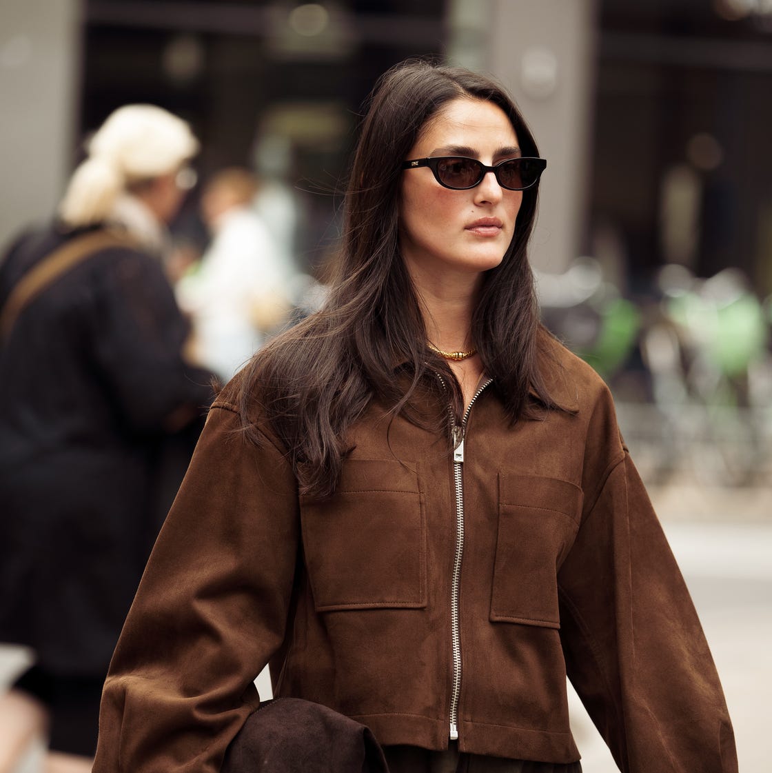 Brown Suede Bomber Jacket Close-up Brown Suede Bomber Jacket Close-up — Classy Suede Jacket Outfits