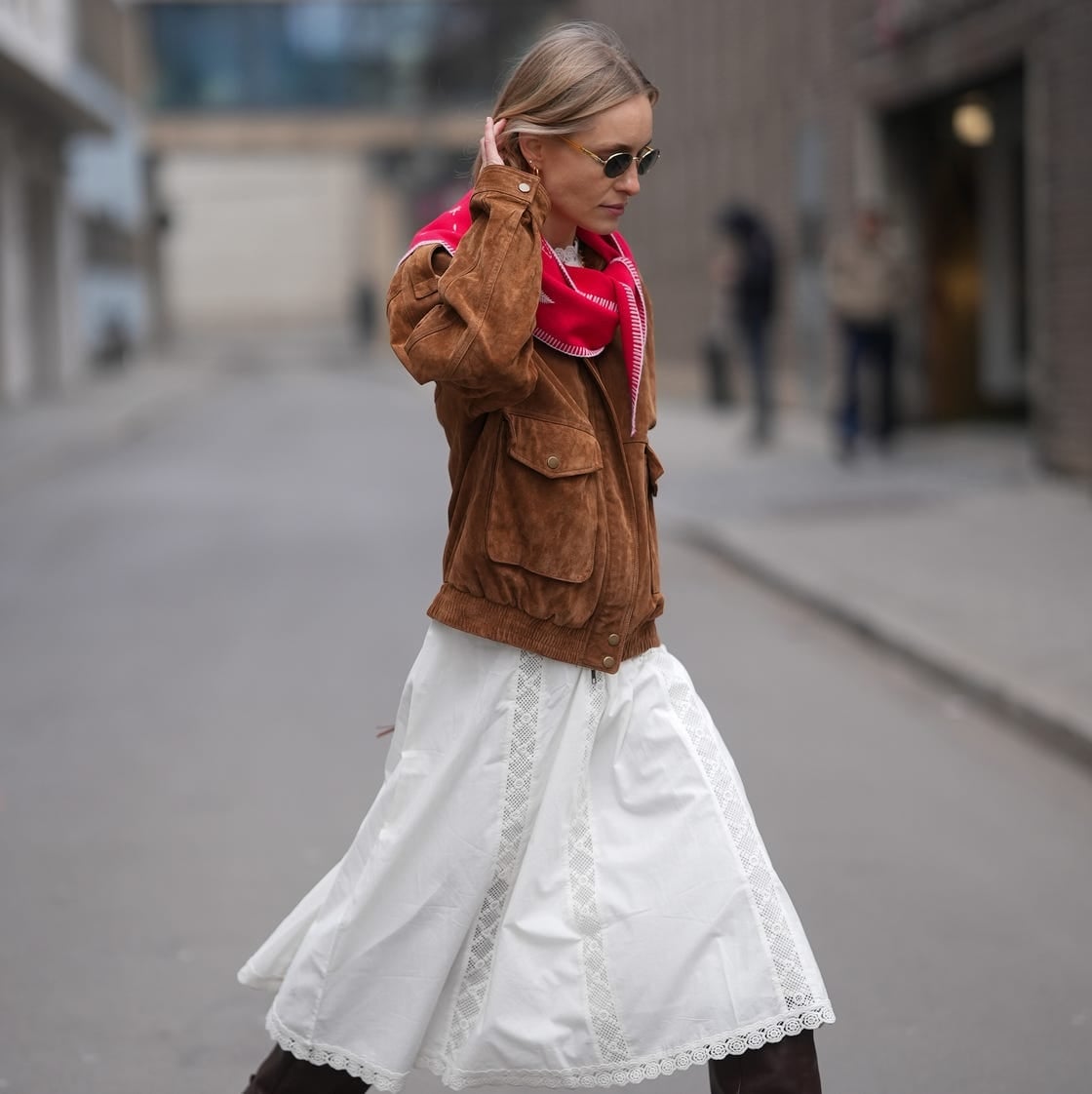 Brown Suede Bomber Jacket With Maxi Dress Brown Suede Bomber Jacket With Maxi Dress — Classy Suede Jacket Outfits