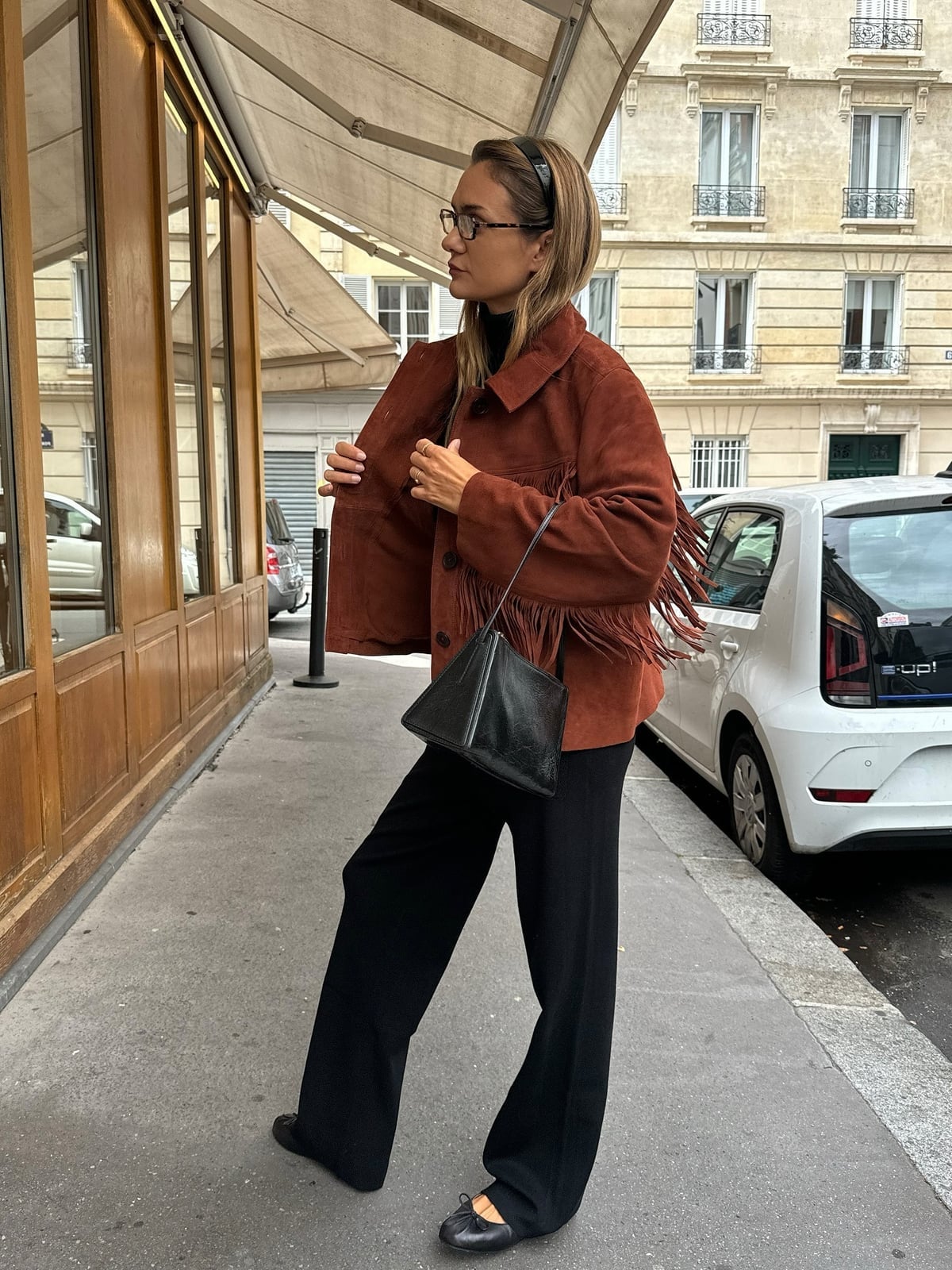 Rust Suede Fringe Jacket With Black Turtleneck Rust Suede Fringe Jacket With Black Turtleneck — Classy Suede Jacket Outfits