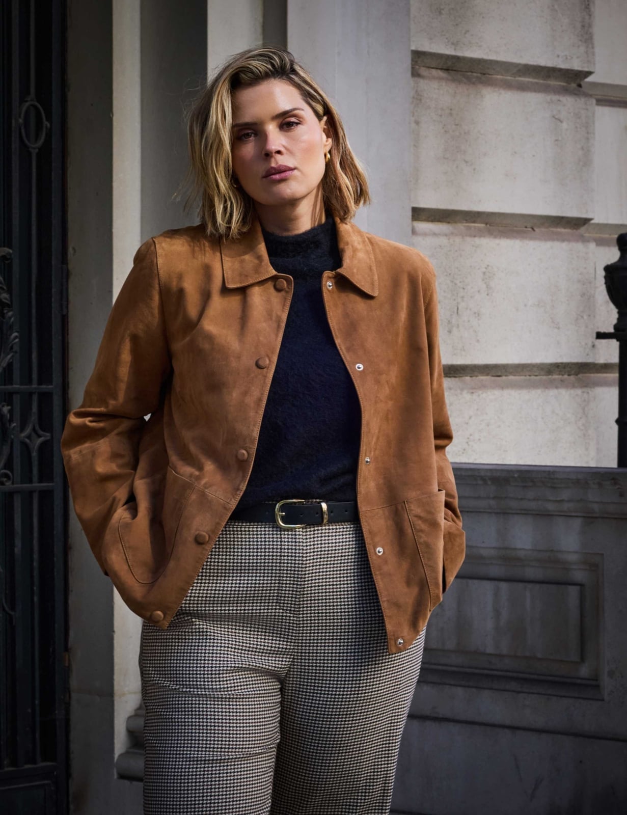 Tan Suede Jacket With Checked Trousers Tan Suede Jacket With Checked Trousers — Classy Suede Jacket Outfits