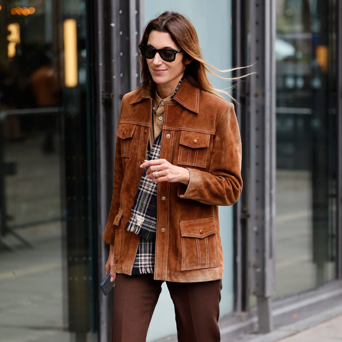 Brown Suede Utility Jacket With Plaid Scarf Brown Suede Utility Jacket With Plaid Scarf — Classy Suede Jacket Outfits