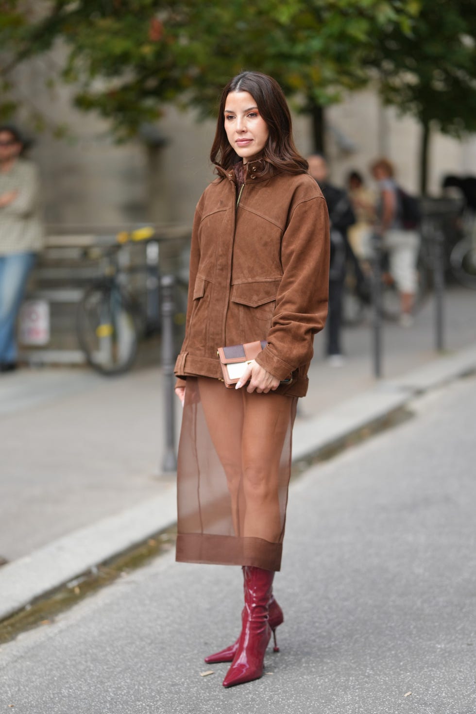 Oversized Suede Jacket With Sheer Dress And Red Boots Oversized Suede Jacket With Sheer Dress And Red Boots — Classy Suede Jacket Outfits