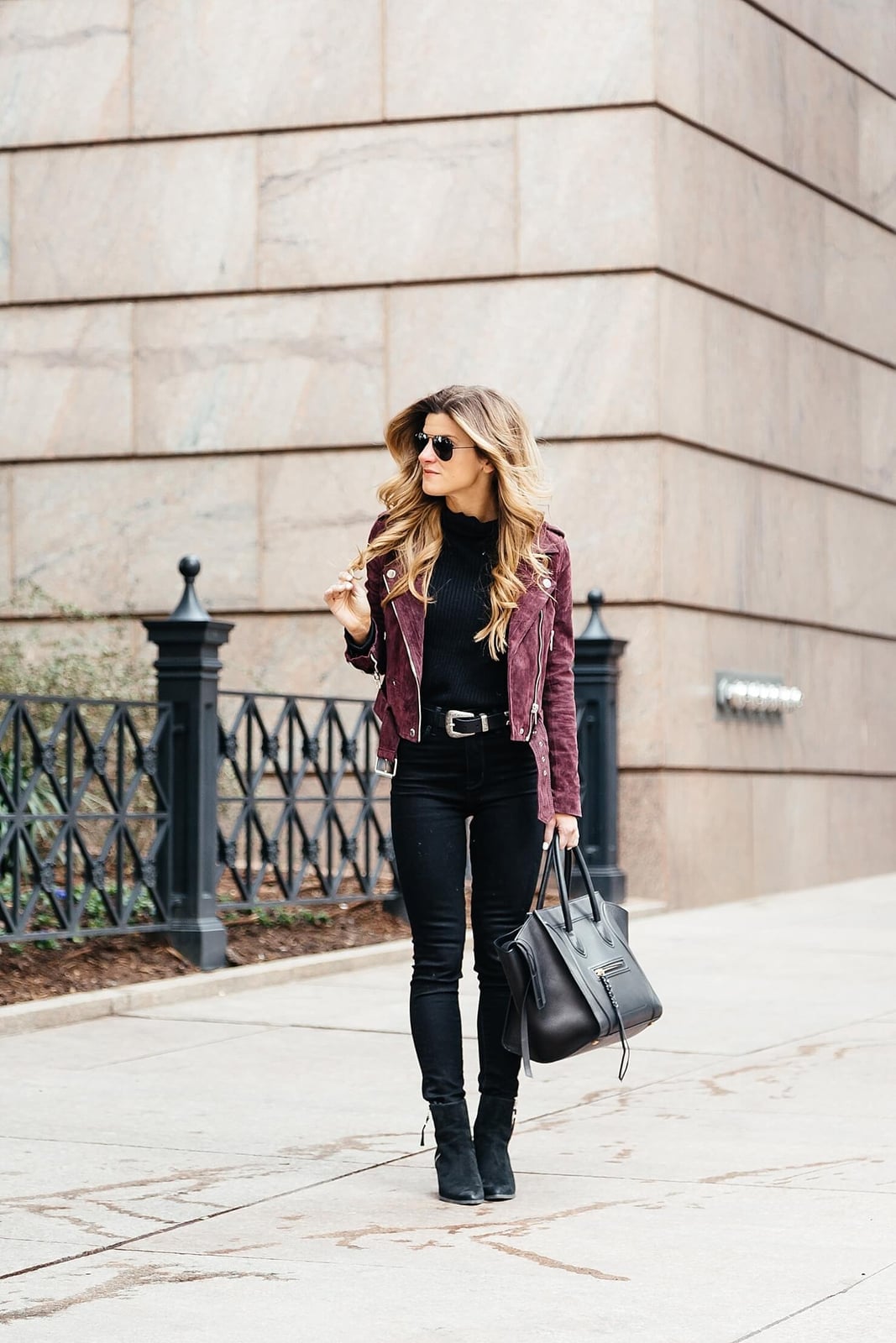 Burgundy Suede Biker Jacket With Black Skinny Jeans Burgundy Suede Biker Jacket With Black Skinny Jeans — Classy Suede Jacket Outfits
