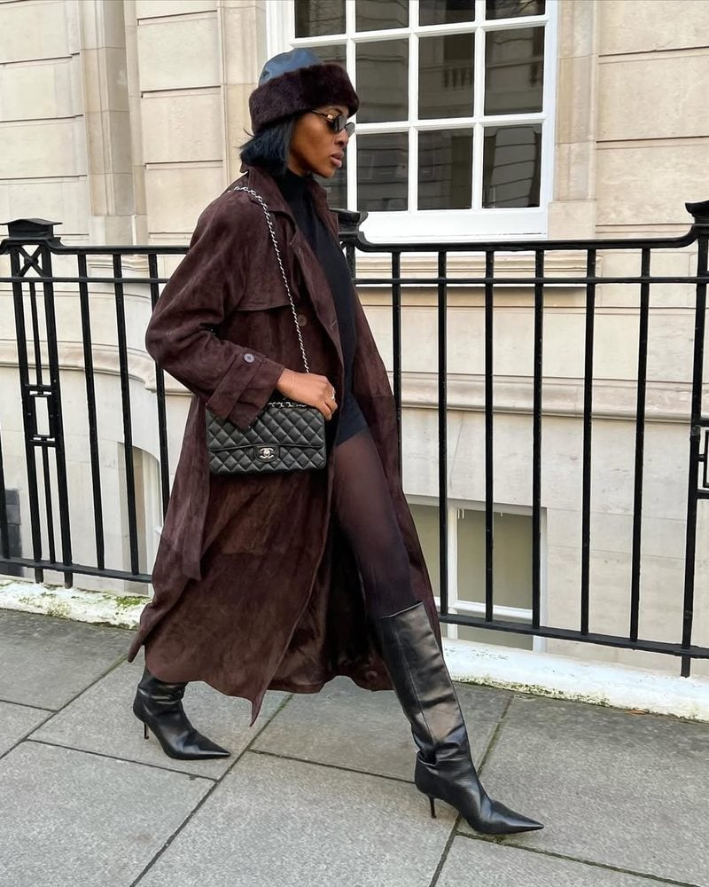 Brown Suede Trench Coat With Black Dress Brown Suede Trench Coat With Black Dress — Classy Suede Jacket Outfits