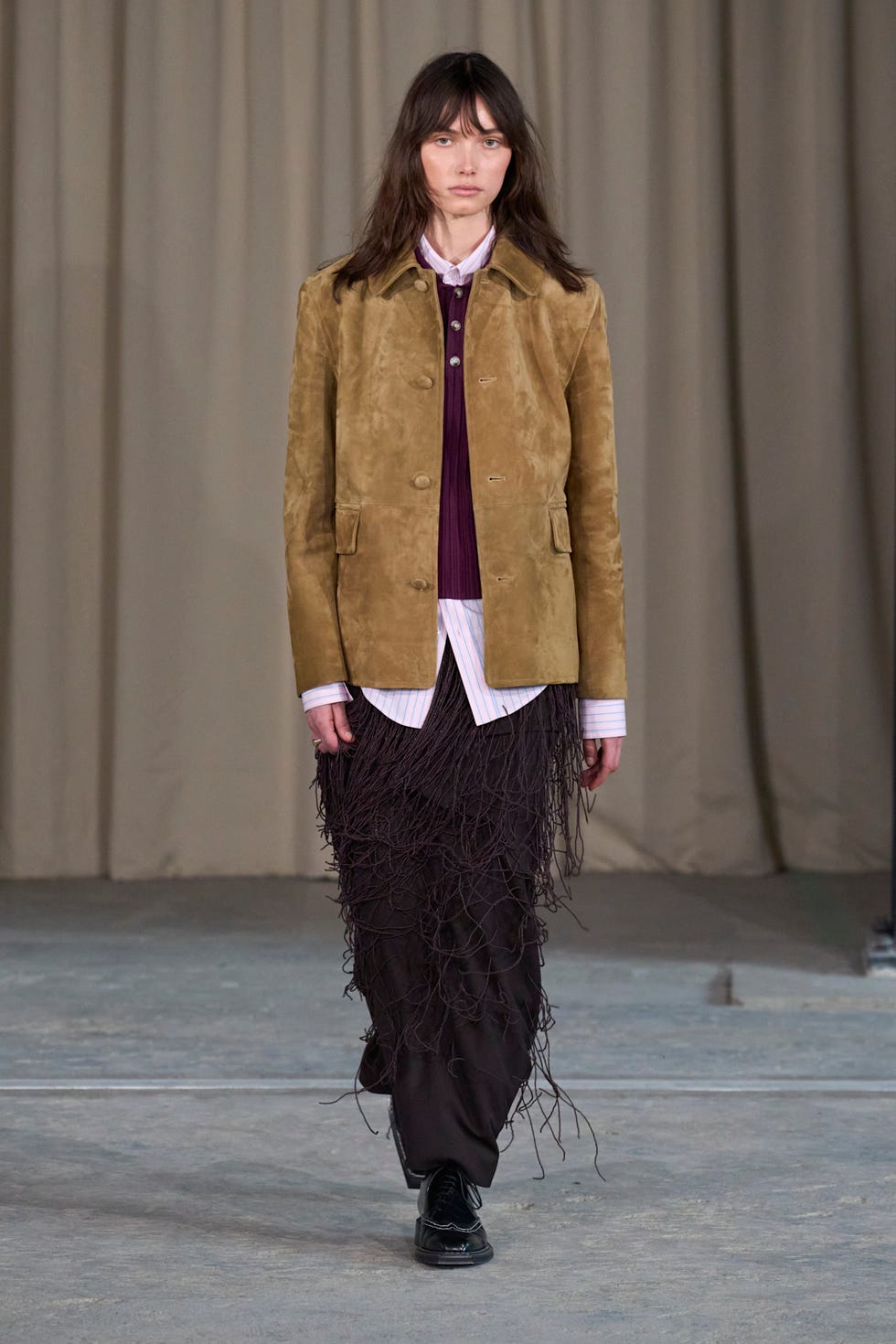 Tan Suede Jacket With Purple Vest And Loafers Tan Suede Jacket With Purple Vest And Loafers — Classy Suede Jacket Outfits