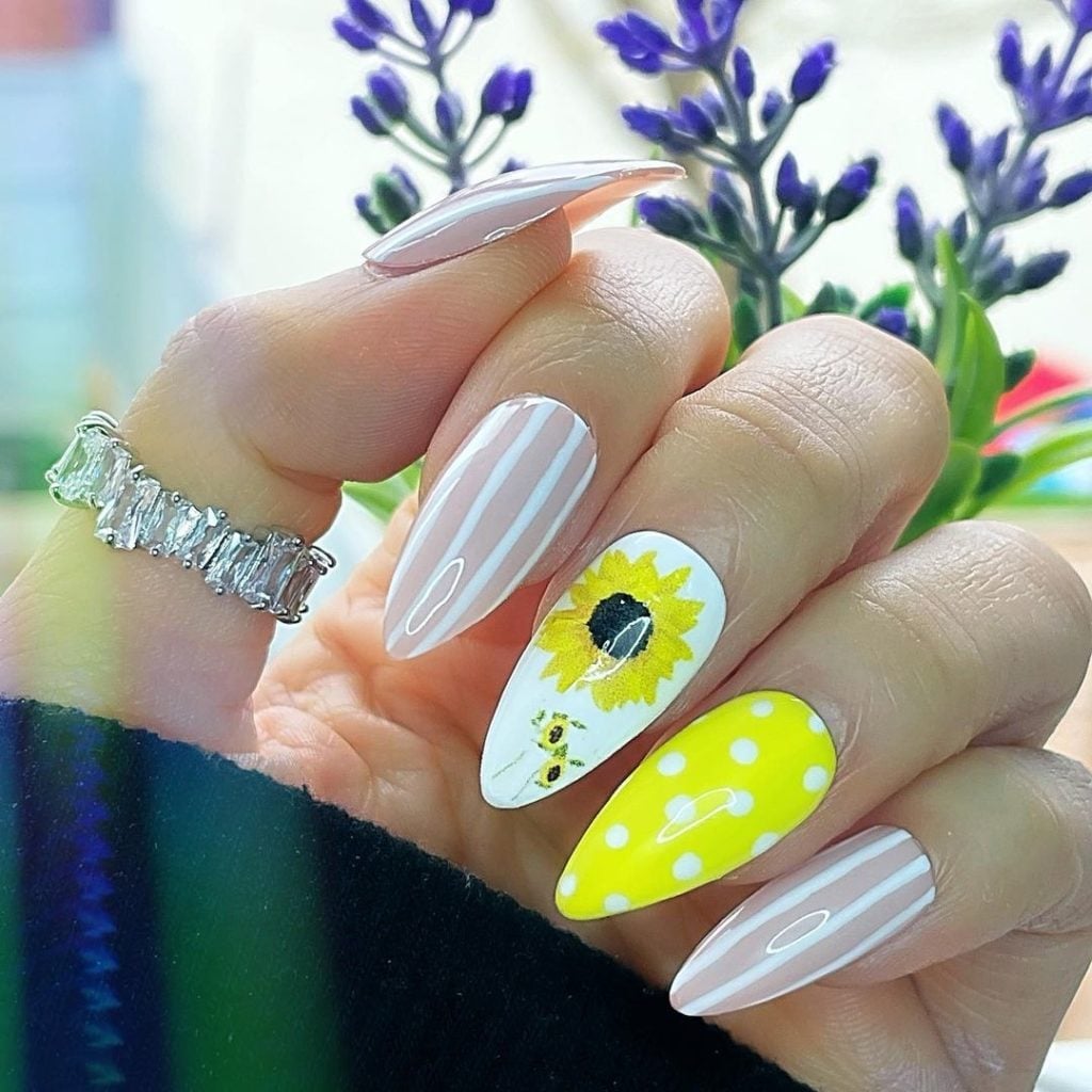Long Stiletto White Accent Nail With Yellow Polka Dots Long Stiletto White Accent Nail With Yellow Polka Dots — Classy Sunflower Nails