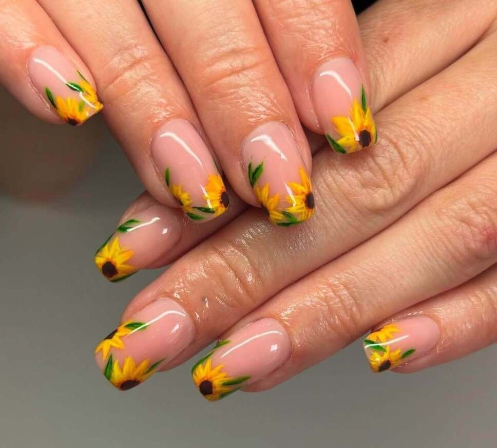 Short Square French Manicure With Sunflower Tips Short Square French Manicure With Sunflower Tips — Classy Sunflower Nails