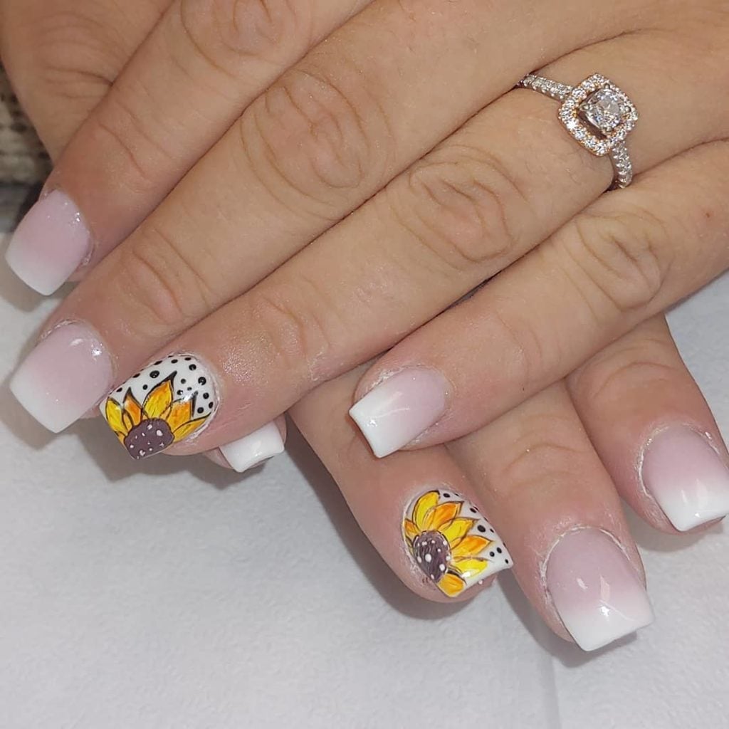 Short Square White French With Nude Gradient And Sunflowers Short Square White French With Nude Gradient And Sunflowers — Classy Sunflower Nails