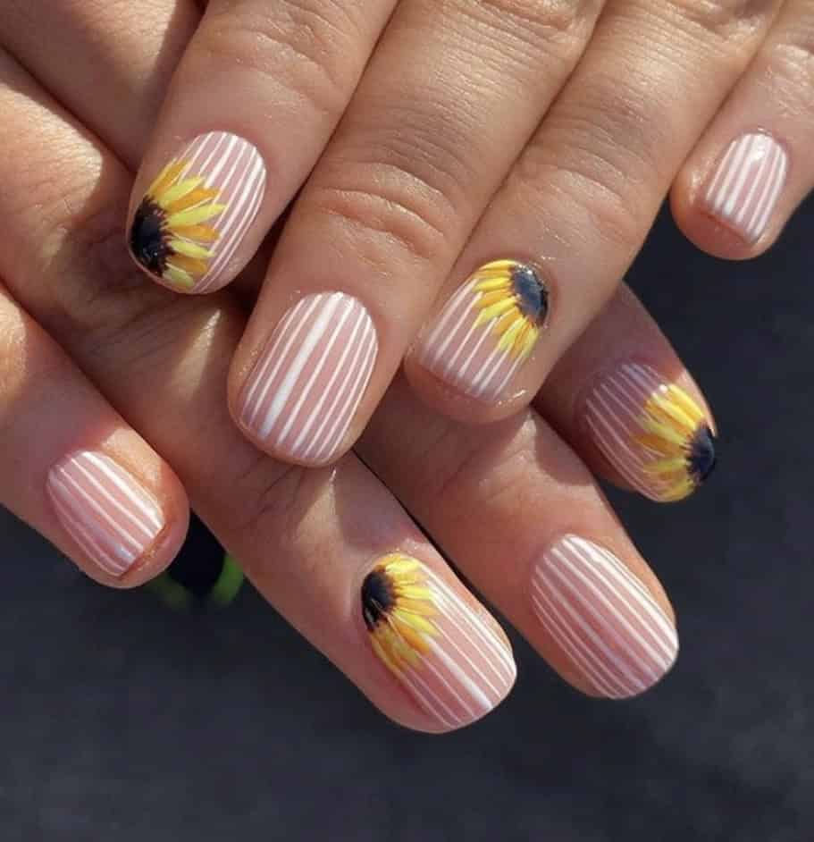 Short Oval White With Pink Stripes And Sunflowers Short Oval White With Pink Stripes And Sunflowers — Classy Sunflower Nails