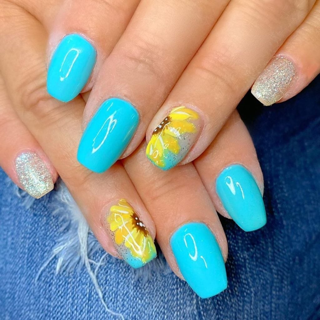 Short Coffin Bright Blue With Silver Glitter Sunflowers Short Coffin Bright Blue With Silver Glitter Sunflowers — Classy Sunflower Nails