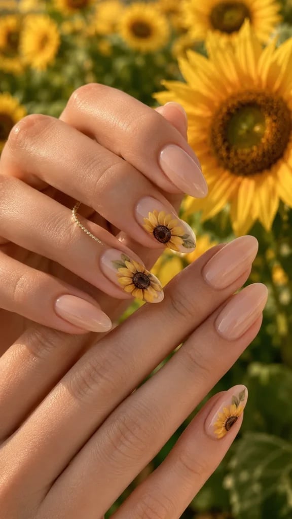 Short Almond Sheer Nude With Realistic Sunflowers Short Almond Sheer Nude With Realistic Sunflowers — Classy Sunflower Nails