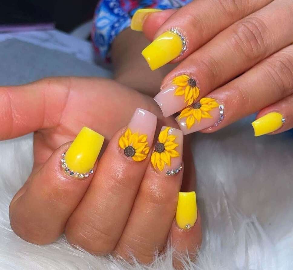 Medium Square Yellow Nude With 3D Sunflowers And Rhinestones Medium Square Yellow Nude With 3D Sunflowers And Rhinestones — Classy Sunflower Nails