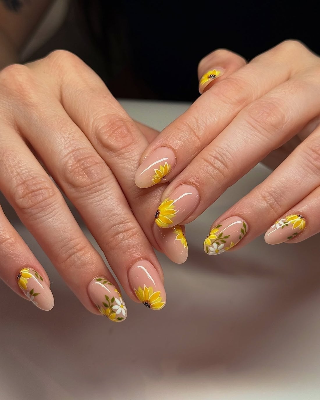 Medium Oval Sheer Nude With Sunflowers And Leaves Medium Oval Sheer Nude With Sunflowers And Leaves — Classy Sunflower Nails