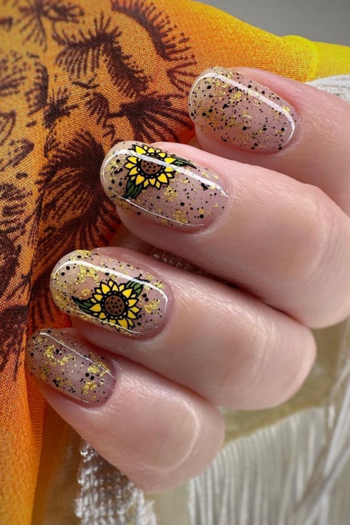 Medium Oval Nude Base With Yellow Sunflowers Medium Oval Nude Base With Yellow Sunflowers — Classy Sunflower Nails