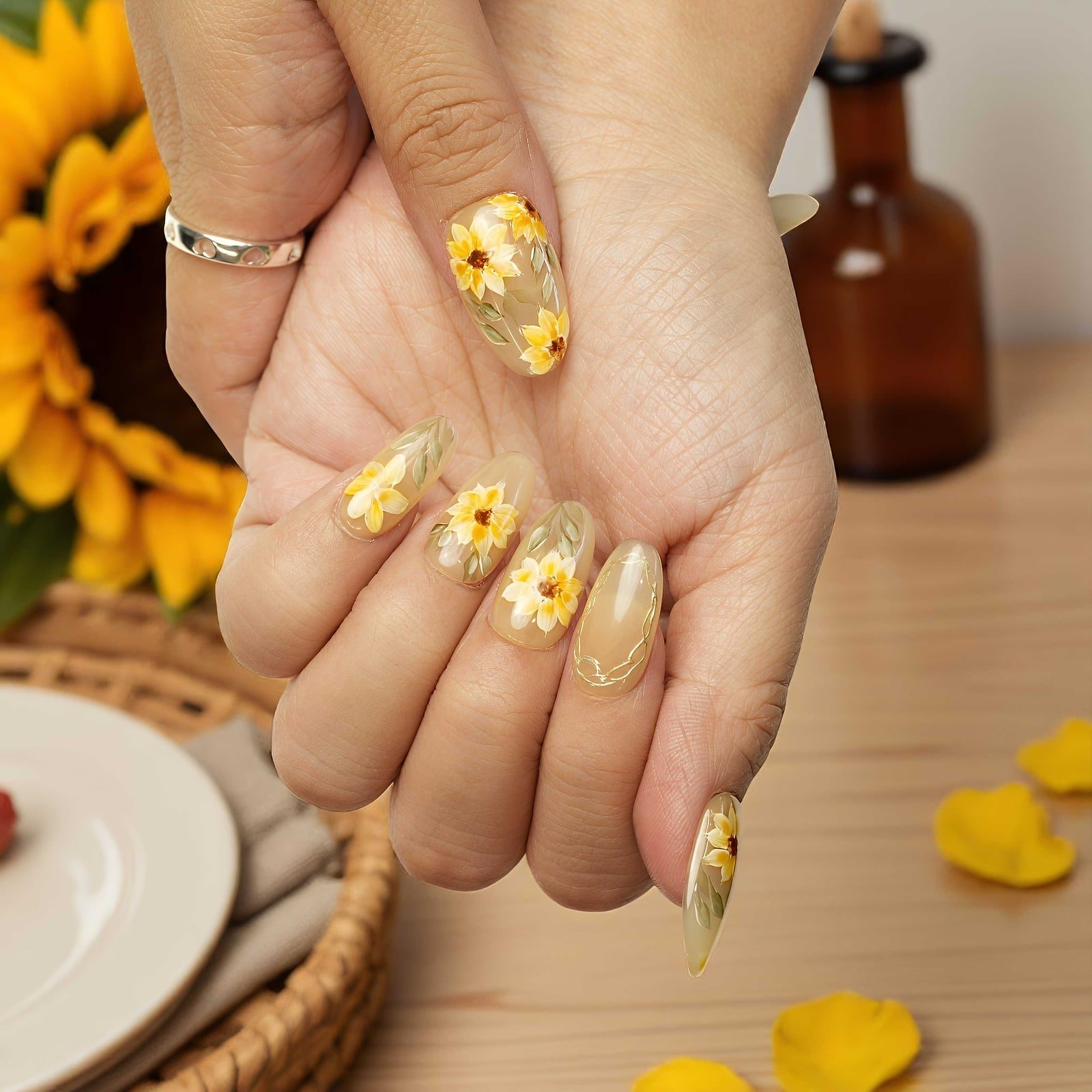 Medium Almond Sheer Nude With Sunflowers And White Lines Medium Almond Sheer Nude With Sunflowers And White Lines — Classy Sunflower Nails