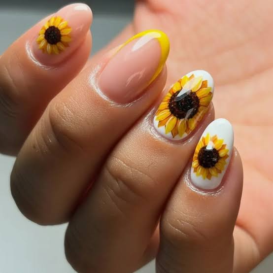 Medium Almond Pink Base With Glossy French Tips And Sunflowers Medium Almond Pink Base With Glossy French Tips And Sunflowers — Classy Sunflower Nails