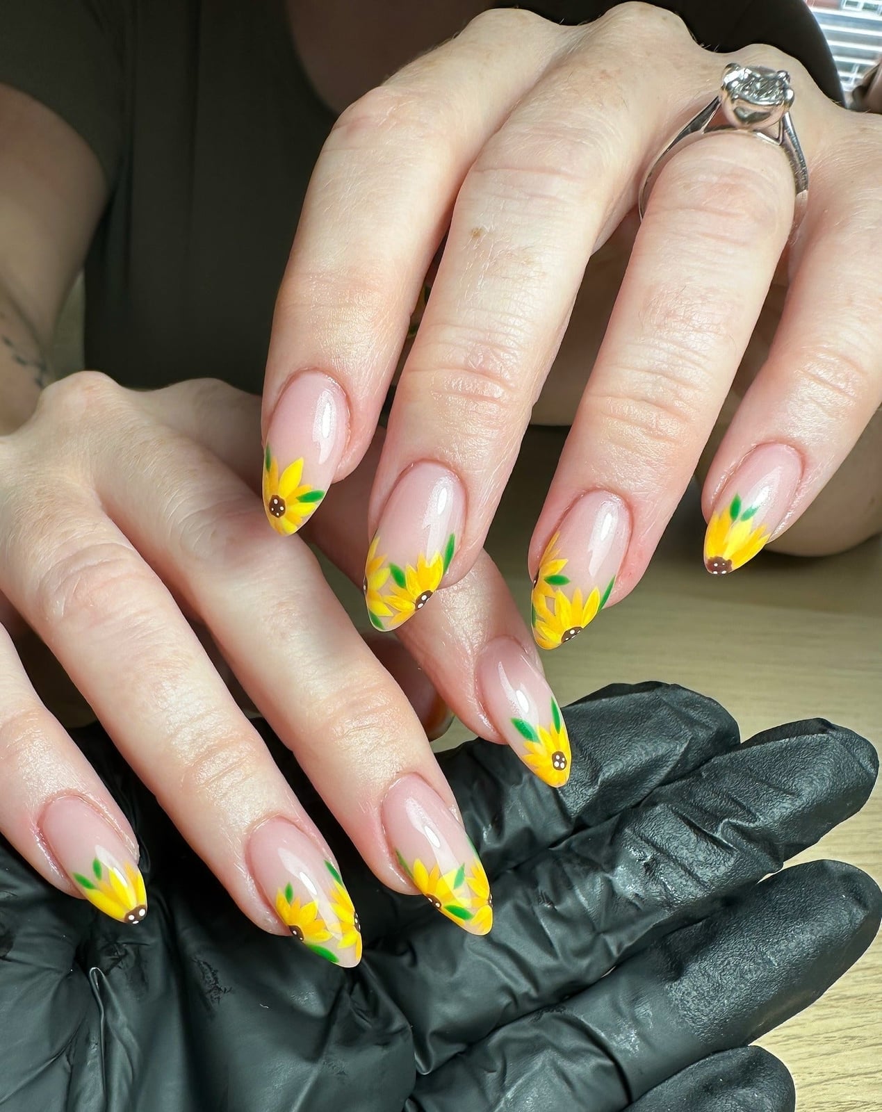 Medium Almond Sheer Nude With Sunflowers On Tips and Yellow Petals Medium Almond Sheer Nude With Sunflowers On Tips and Yellow Petals — Classy Sunflower Nails