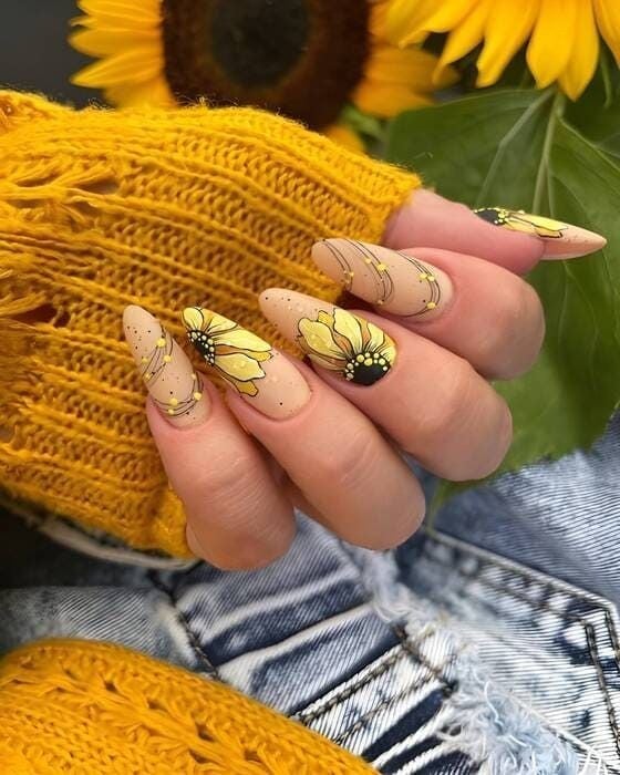 Long Almond Beige With Gold Foil Sunflowers Long Almond Beige With Gold Foil Sunflowers — Classy Sunflower Nails