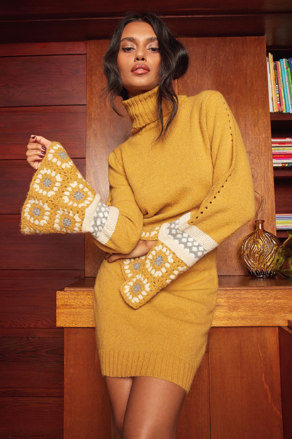 Mustard Yellow Sweater Dress with Crochet Sleeves — Classy Sweater Outfits for Women