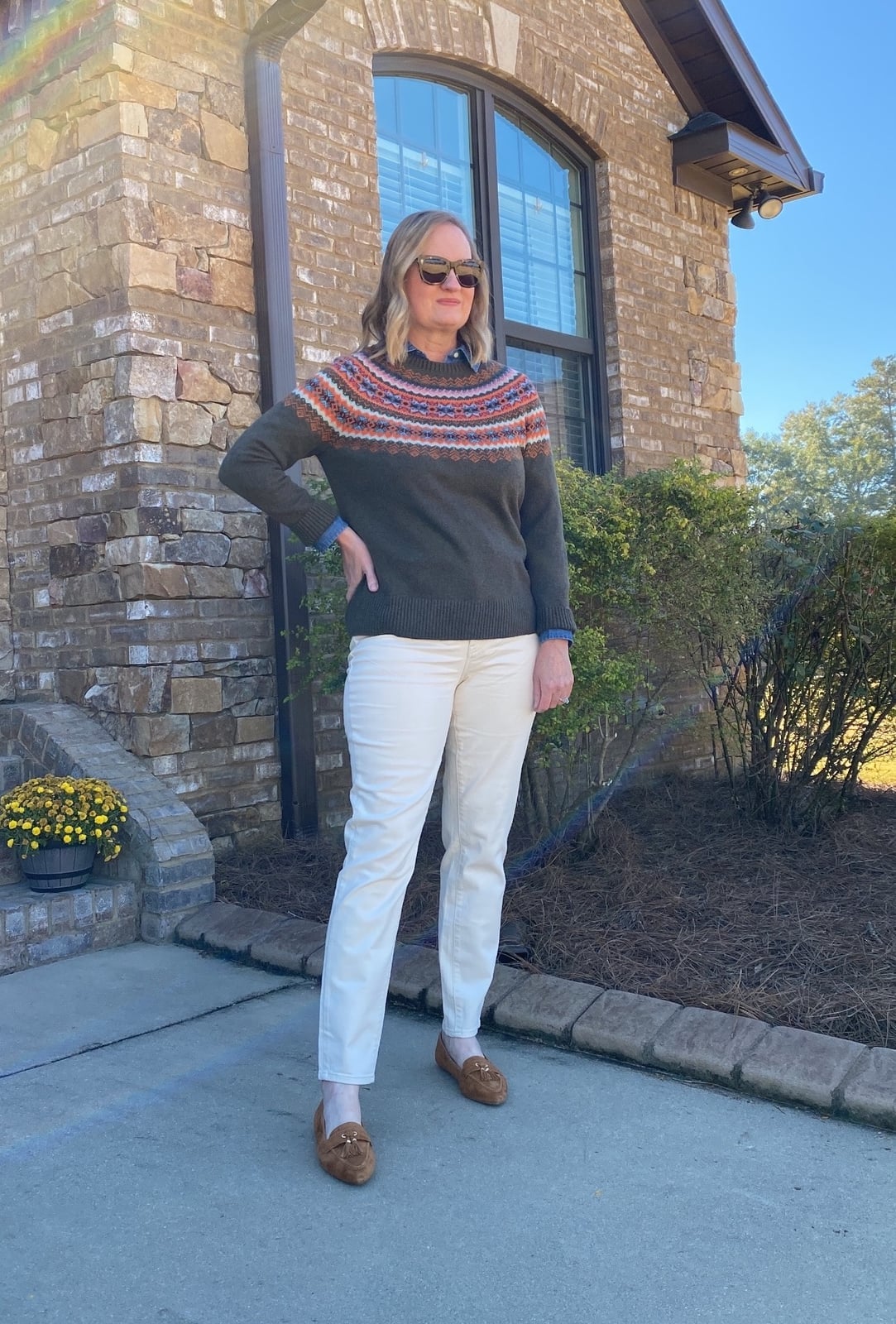 Green Fair Isle Sweater with Cream Pants — Classy Sweater Outfits for Women