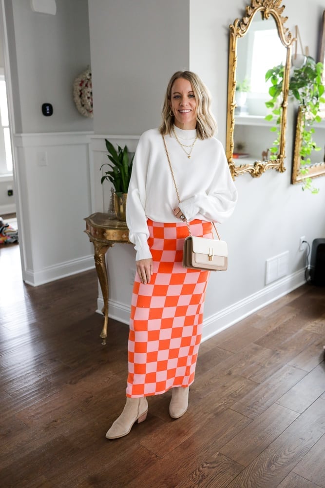 Crewneck Sweater with Checkerboard Midi Skirt — Classy Sweater Outfits for Women