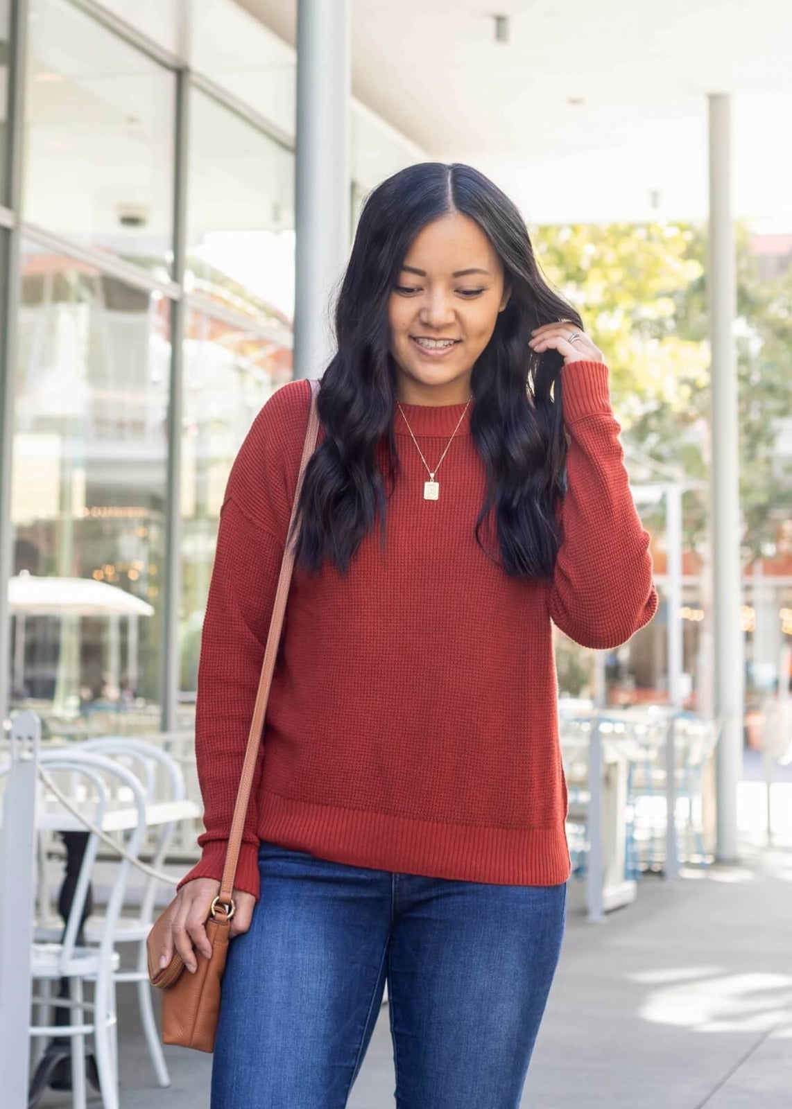 Red Waffle Knit Sweater with Blue Jeans — Classy Sweater Outfits for Women