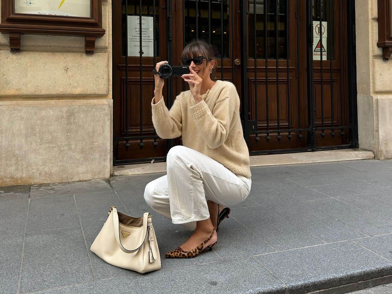 Neutral Sweater with Leopard Print Flats — Classy Sweater Outfits for Women