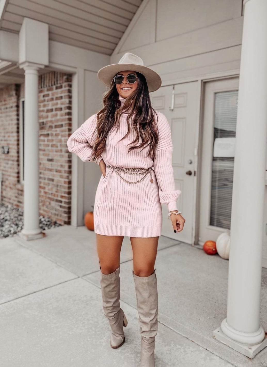 Light Pink Turtleneck Sweater Dress with Hat — Classy Sweater Outfits for Women