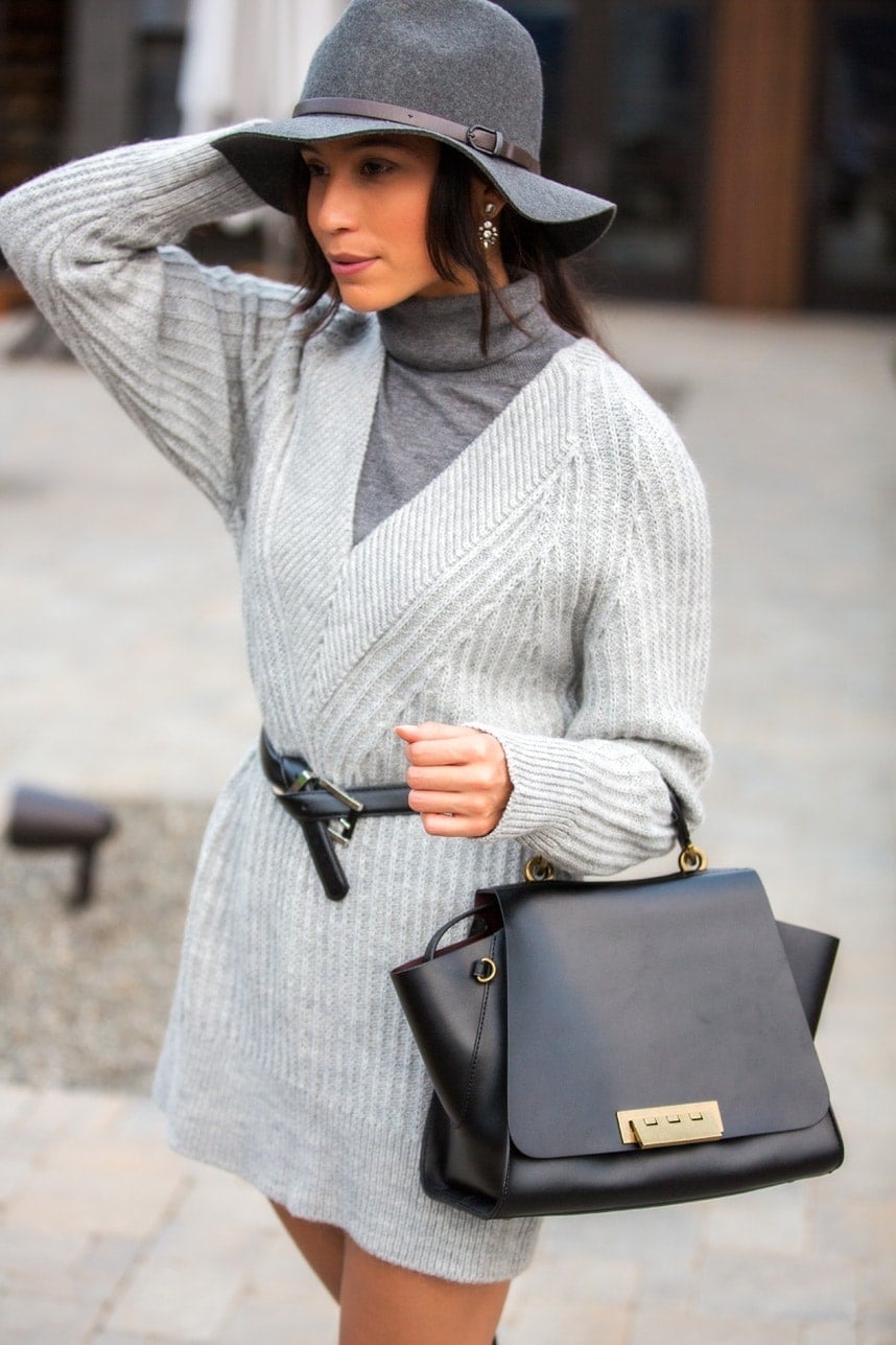 Grey Ribbed Cardigan Over Grey Turtleneck — Classy Sweater Outfits for Women
